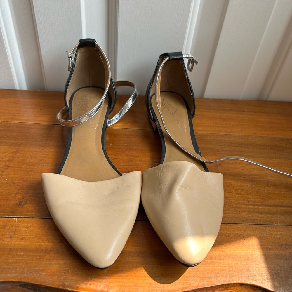 Report Signature Beige and Silver Ankle Strap Flats